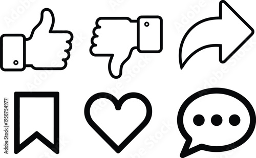 Six common social media reaction icons displayed on a white background