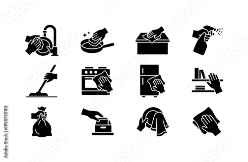 Collection of kitchen cleaning icons showing various household chores and hygiene tasks