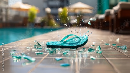 Person Losing Footing on Wet Swimming Pool Deck with Scattered Glass Debris