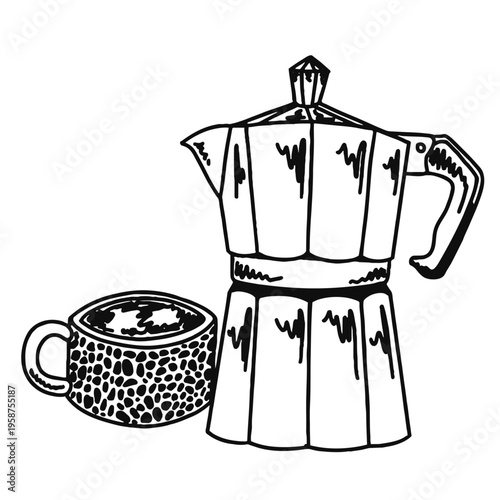 Black and white moka pot illustration with a coffee cup. Cozy coffee shop themed composition featuring a classic stovetop brewer and patterned mug in simple outline style on a light background.