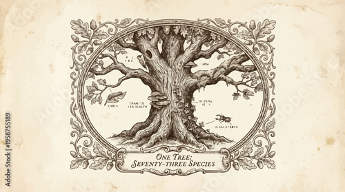 Vintage oak tree illustration, seventy-three species biological ecosystem diagram, antique botanical engraving on aged parchment paper vector
