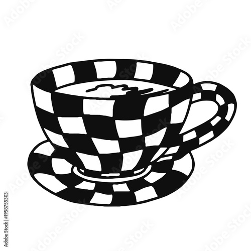 Black and white checkerboard coffee cup with saucer in cozy cafe style. Bold patterned drinkware illustration with retro contrast, ceramic look, and coffee shop mood on light background for menus too.