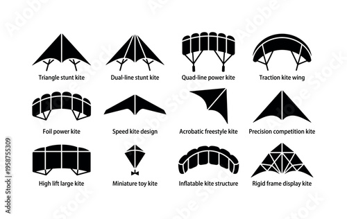 Collection of diverse kite designs and types for various activities