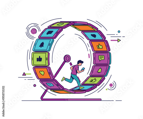 Man running on a hamster wheel made of social media icons and smartphones