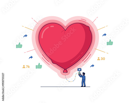 Man inflating a giant heart balloon with social media likes and shares surrounding him