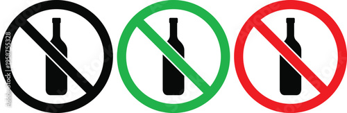 Prohibition symbols for glass bottles in different colored circles
