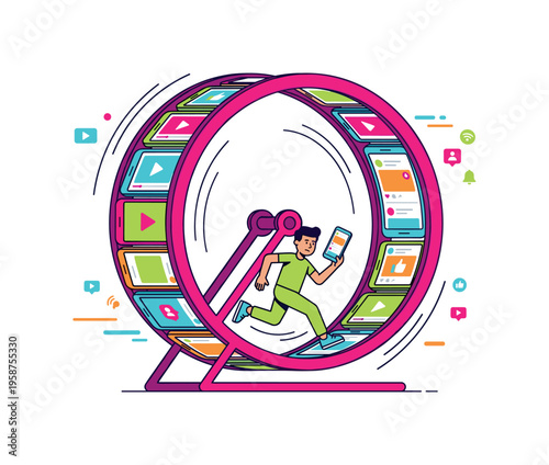 Man running on a digital hamster wheel filled with social media content