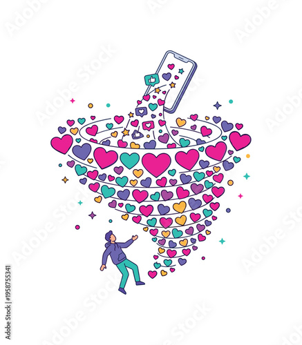 Man pulled upward by a vortex of hearts and likes from a smartphone