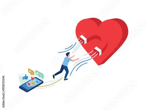 Man chasing a giant heart magnet, drawn by social media likes and engagement