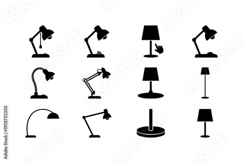Collection of various black lamp icons and silhouettes on a white background