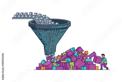 Abstract funnel processing simple tasks into colorful cubes with a struggling person