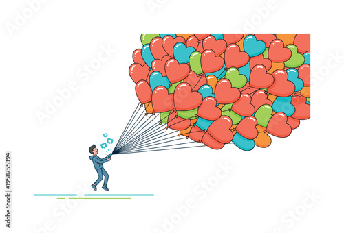 Man controlling a huge cluster of heart-shaped balloons with his phone