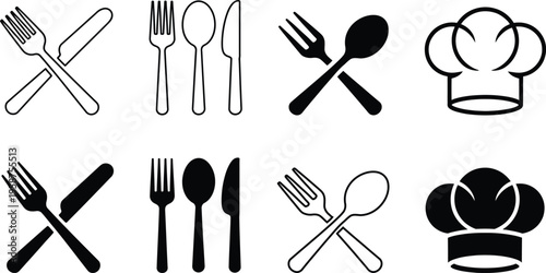 Contrasting visual styles of cutlery and chef hats in black and white icons