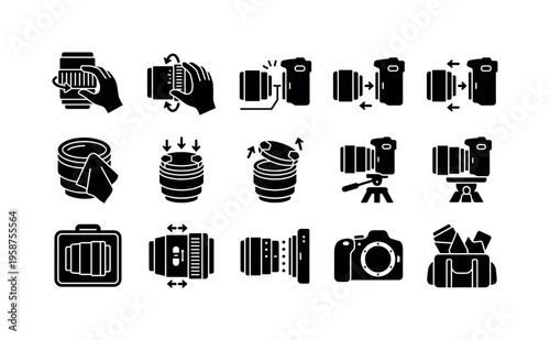 Camera lens handling and maintenance icons for photographers