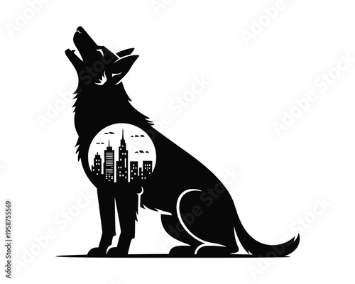 Wolf Dog Sitting Howling with City Skyline Road Double Exposure Black Vector Design