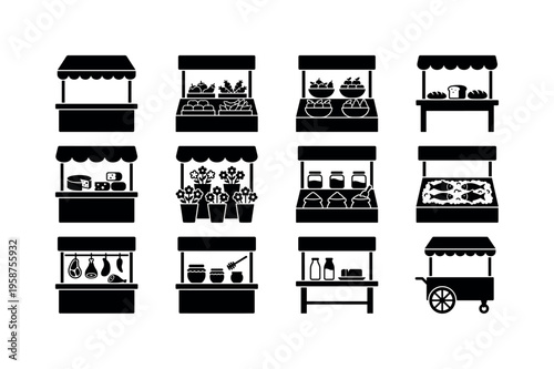 Collection of diverse market stall icons representing various food and goods