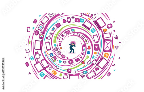 Overwhelmed by digital devices and social media icons swirling around a stressed person