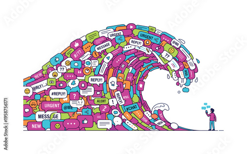 Overwhelmed by a giant wave of colorful social media messages and notifications
