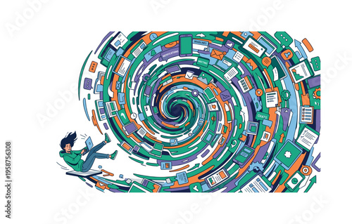 Overwhelmed person falling into a digital vortex of notifications and tasks