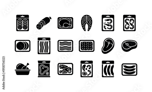 Collection of various meat and seafood products in packaging and ready to cook