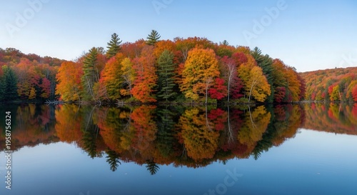 Serene Autumn Forest Reflected in Calm Lake with Vibrant Foliage