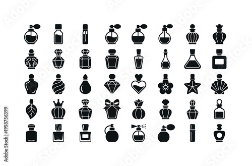 Collection of elegant perfume bottles and containers in various decorative shapes