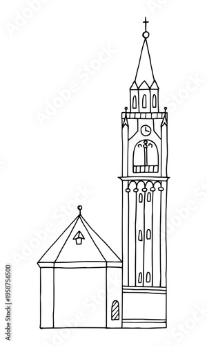 The Basilica Minore dei Santi Filippo e Giacomo in Cortina d'Ampezzo black contour hand drawn by ink. Vector doodle architecture illustration.