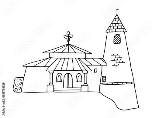 Chiesa della SS. Trinita a Majon in Cortina d'Ampezzo black contour hand drawn by ink. Vector doodle architecture illustration.