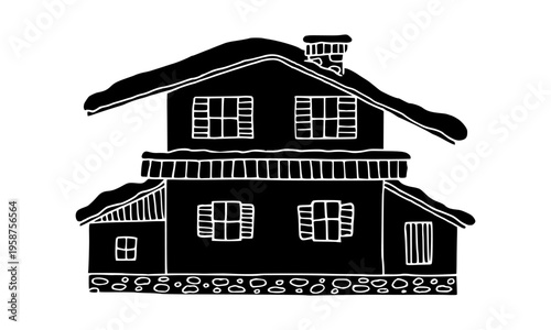 Winter Alpine chalet log house in Dolomite Alps black silhouette hand drawn by ink. Vector doodle architecture illustration element for design.