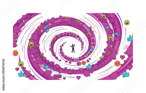 Man overwhelmed by a vortex of social media notifications and icons