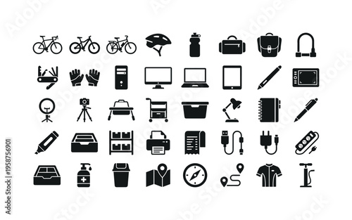 Collection of icons representing diverse items for cycling, work, and home organization