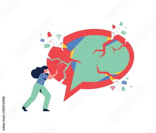 Woman pushing a cracked speech bubble with digital elements flying out
