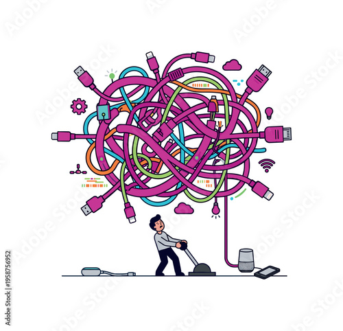 Man attempts to untangle a massive knot of colorful electronic cables with a vacuum cleaner