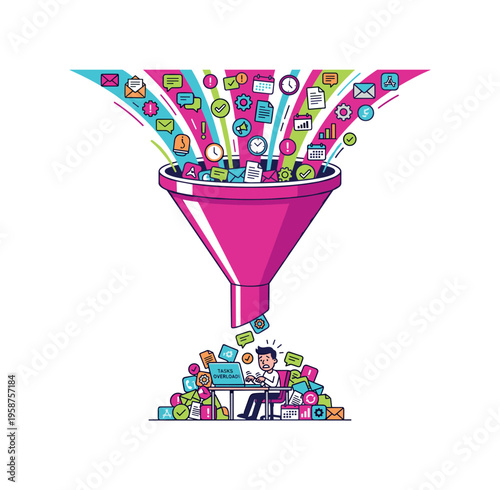 Man overwhelmed by digital tasks pouring through a funnel onto his desk