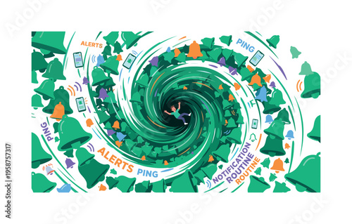 Man overwhelmed by a vortex of digital notifications and alerts