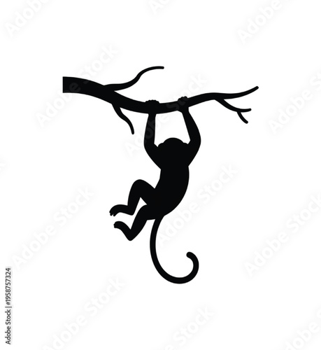 Black silhouette monkey hanging from tree branch vector illustration EPS PNG file