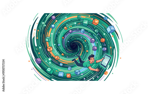 Man falling into digital vortex with data cubes and tablet