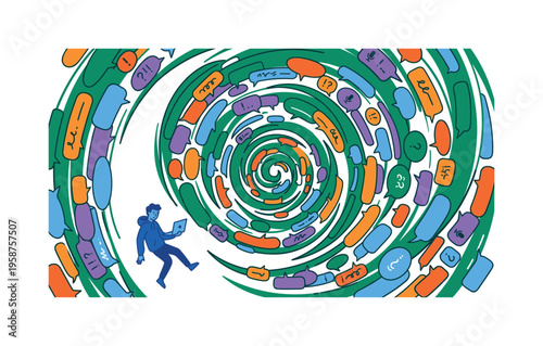 Man overwhelmed by digital communication vortex, feeling lost in online chatter