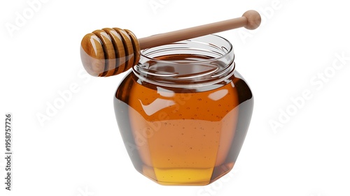 Glass jar of golden honey with wooden honey dipper on white background
