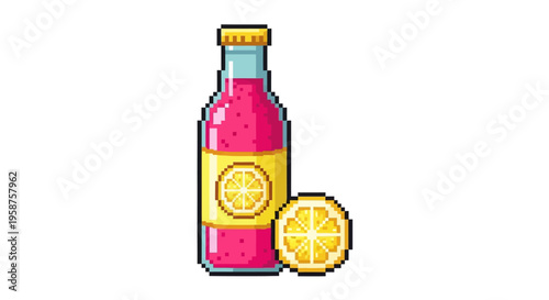 Pixel Art Pink Drink Bottle with Lemon Slice.
