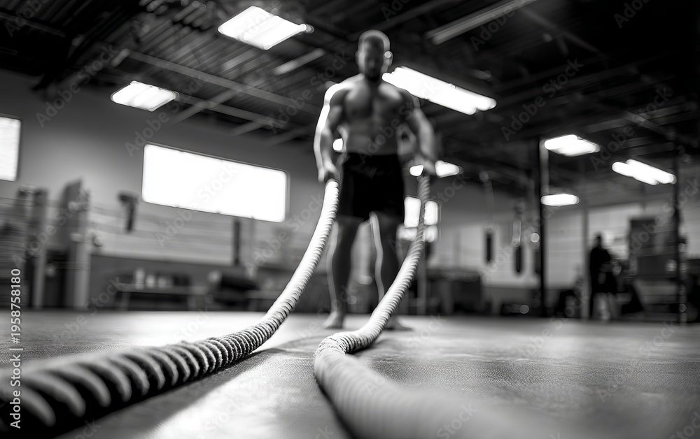 Obraz premium Intense Male Wrestler Training with Thick Ropes in Cinematic Gym Setting
