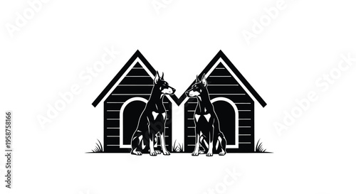 Two Schnauzer dogs sit symmetrically in front of identical dark wooden doghouses, forming a mirrored emblem design on white.