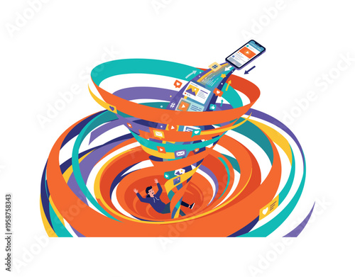 Man overwhelmed by digital content vortex pulled from smartphone screen