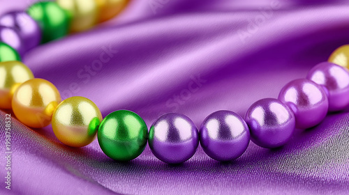 Colorful beads arranged on purple silk background  