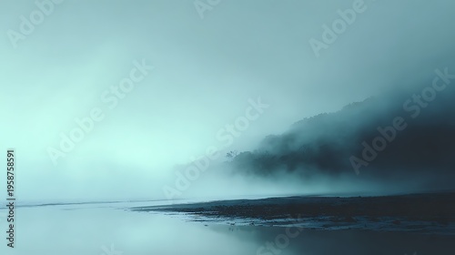 Mysterious mystical fog over mountain river, spooky background