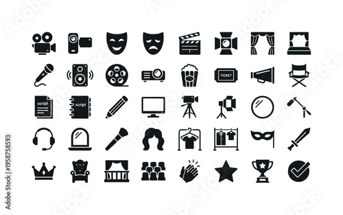 Collection of icons representing elements of film and theater production and performance