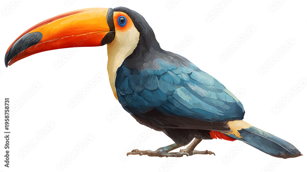 Obraz premium Colorful toucan with large beak, tropical bird illustration, isolated on white background
