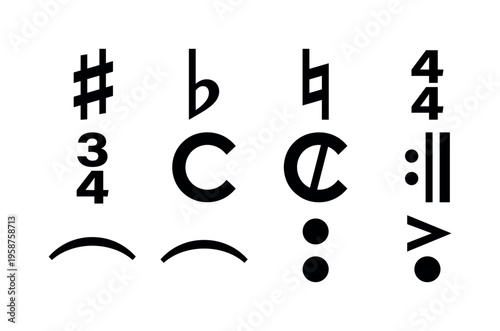 Collection of musical notation symbols and time signatures on a white background