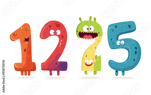Adorable cartoon numbers one to five interacting with fun elements representing learning math and numerical skills for kids isolated on transparent background PNG