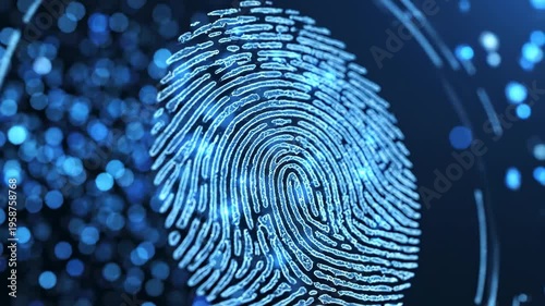 This content displays a futuristic digital representation of a fingerprint, set against a blue background with digital elements, often used in crime investigations and forensic science for